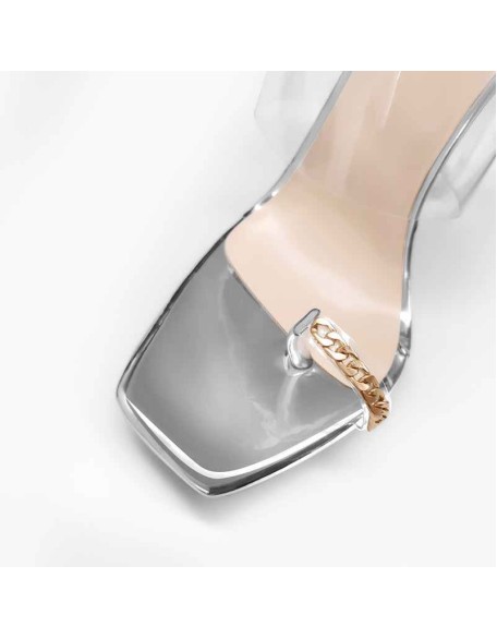 Silver Metal Chain Clear Chunky High Heel Sandals