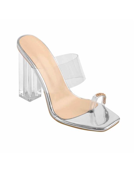 Silver Metal Chain Clear Chunky High Heel Sandals