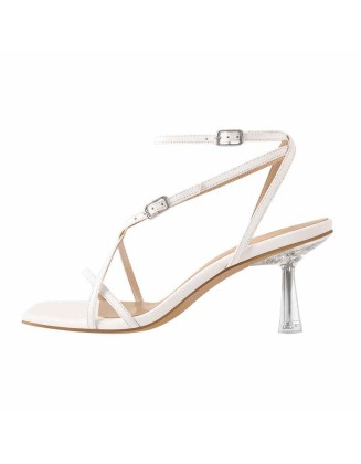 White Cross Square Toe Clear Heel Sandals