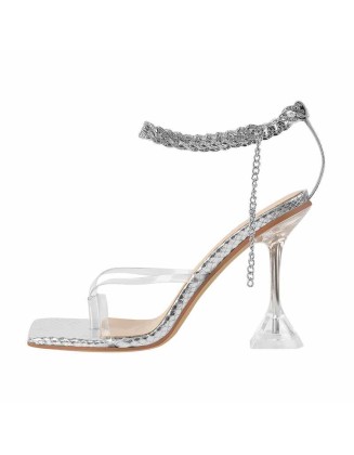 Silver Square Toe Metal Chain Tapered Slipper High Heel Sandals