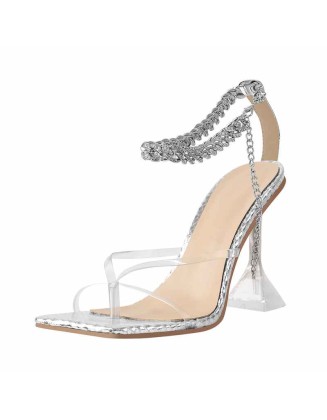 Silver Square Toe Metal Chain Tapered Slipper High Heel Sandals