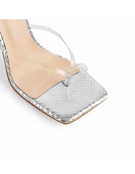 Silver Square Toe Metal Chain Tapered Slipper High Heel Sandals