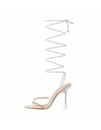 White Rhinestone Square Toe Strap Tapered High Heel Sandals