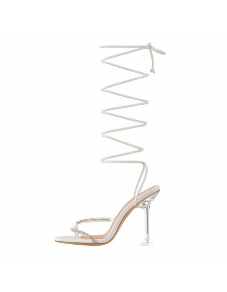 White Rhinestone Square Toe Strap Tapered High Heel Sandals