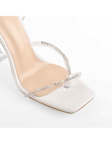 White Rhinestone Square Toe Strap Tapered High Heel Sandals