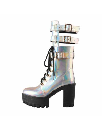 Holographic Platform Chunky Heels Boots