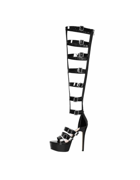 Round Toe Black Knee High Stiletto Boots Sandals