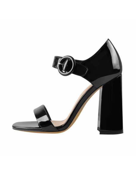 Square Toe Patent Black Chunky Heels Sandals