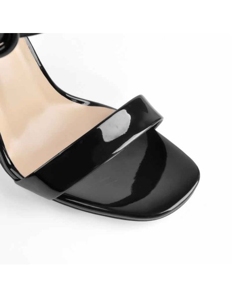 Square Toe Patent Black Chunky Heels Sandals