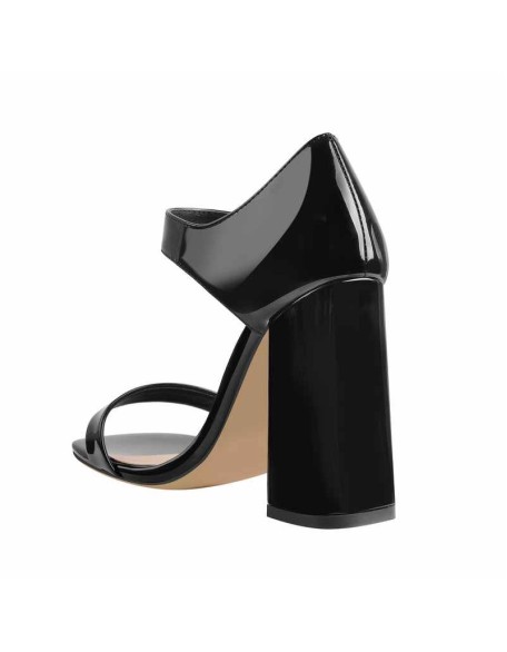 Square Toe Patent Black Chunky Heels Sandals