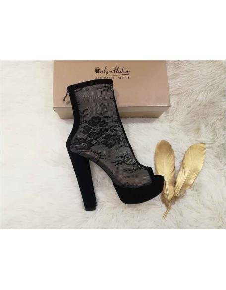 Mesh Flower Peep Toe Platform Chunky High Heel Sandals Boots