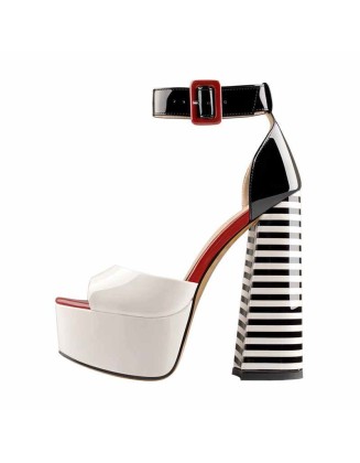White Platform Peep Toe Ankle Chunky Sandals