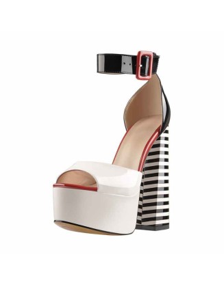 White Platform Peep Toe Ankle Chunky Sandals