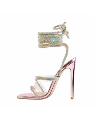 Purple Rhinestone Clear Band Ankle Strap Stiletto High Heel Sandals