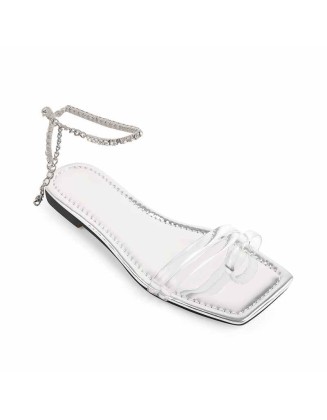 Clear Band Silver Rhinestone Strap Flat Sandals