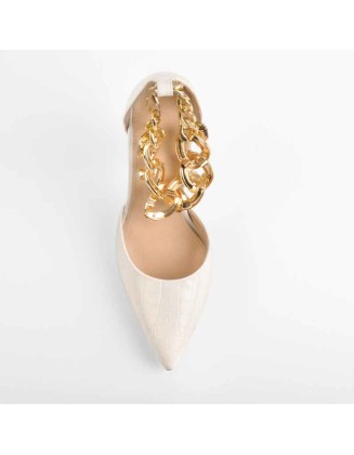 Stone White Pointed Toe Metal Chain Clear Stiletto Pumps
