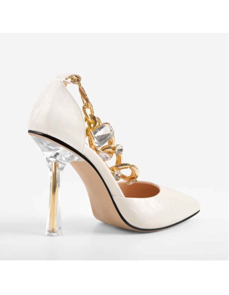 Stone White Pointed Toe Metal Chain Clear Stiletto Pumps
