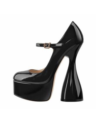 Round Toe Black Platform Disco Pumps