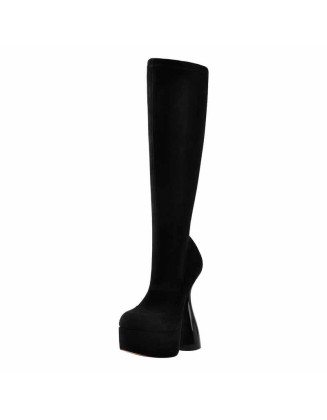Black Round Toe Suede Platform High Heel Boots