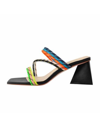 Square Toe Colorful Bands Chunky Heel Sandals Mules