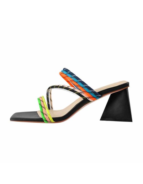 Square Toe Colorful Bands Chunky Heel Sandals Mules