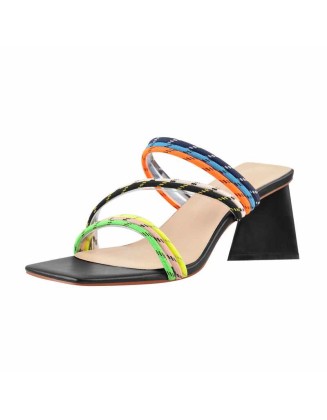 Square Toe Colorful Bands Chunky Heel Sandals Mules