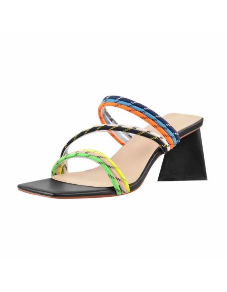 Square Toe Colorful Bands Chunky Heel Sandals Mules