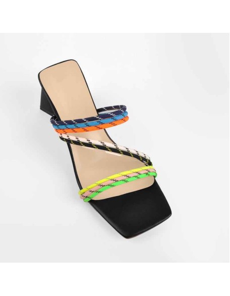 Square Toe Colorful Bands Chunky Heel Sandals Mules