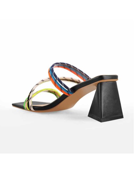 Square Toe Colorful Bands Chunky Heel Sandals Mules