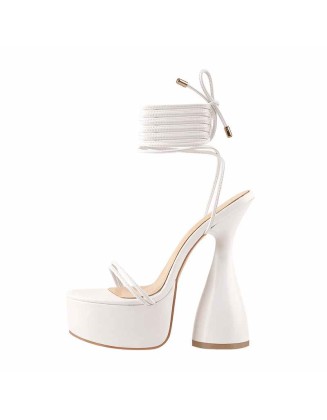 White Round Toe Platform Ankle Strap High Heel Sandals