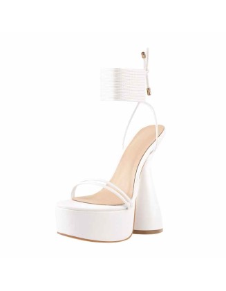 White Round Toe Platform Ankle Strap High Heel Sandals