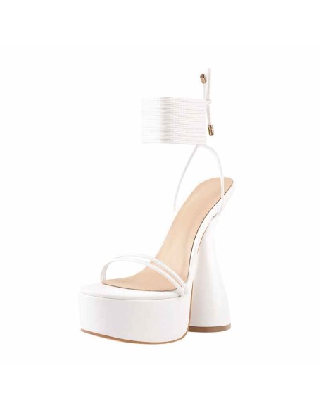 White Round Toe Platform Ankle Strap High Heel Sandals