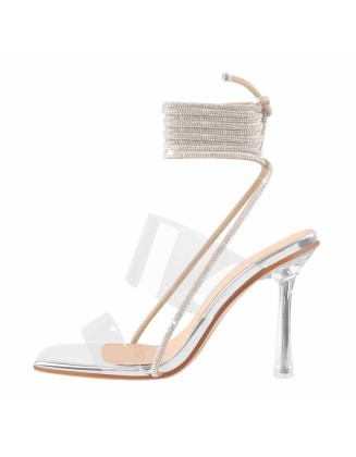 Square Toe Rhinestone Strap Clear Heel Stiletto Sandal