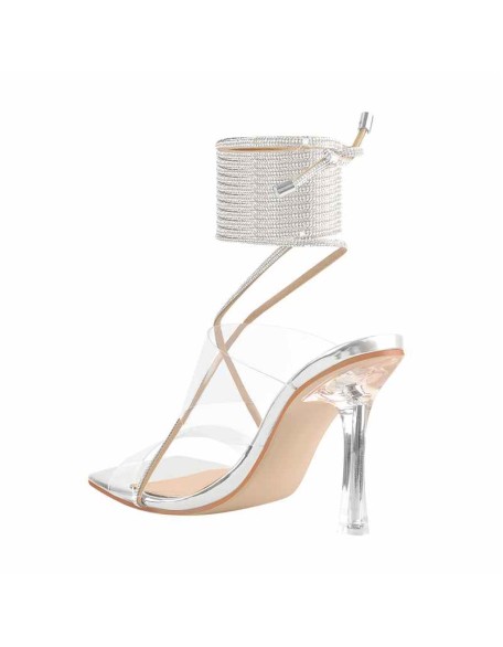 Square Toe Rhinestone Strap Clear Heel Stiletto Sandal