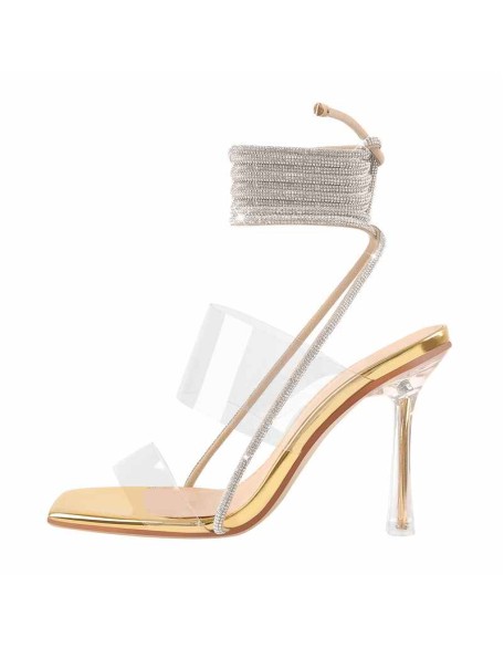 Square Toe Rhinestone Strap Clear Heel Stiletto Sandal