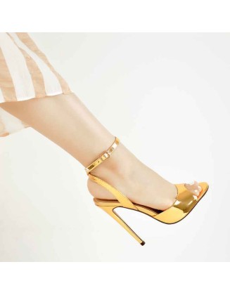 Gold Round Toe Strap High Heel Stilettos Sandals