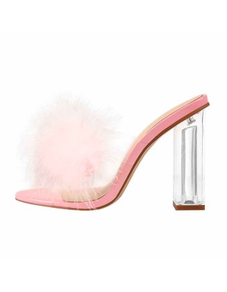 Pink Feather Clear Chunky High Heel Transparent Sandals
