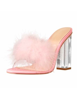 Pink Feather Clear Chunky High Heel Transparent Sandals