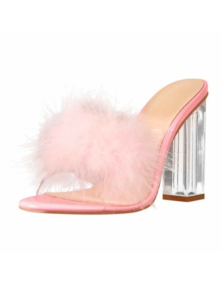 Pink Feather Clear Chunky High Heel Transparent Sandals