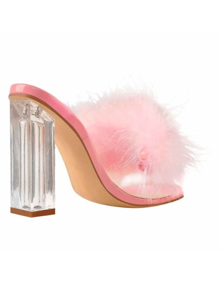 Pink Feather Clear Chunky High Heel Transparent Sandals