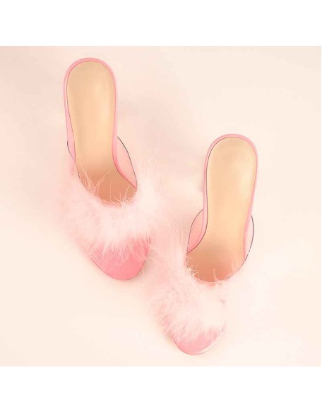 Pink Feather Clear Chunky High Heel Transparent Sandals
