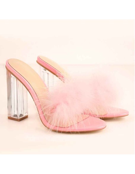 Pink Feather Clear Chunky High Heel Transparent Sandals