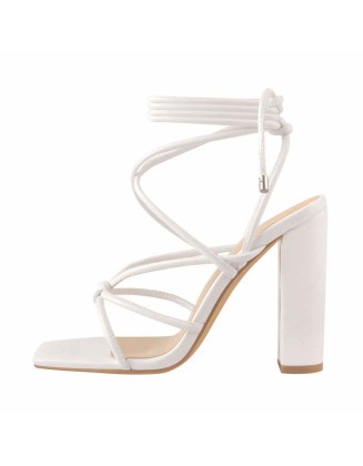 White Square Toe Chunky Strap High Heel Sandals