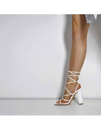 White Square Toe Chunky Strap High Heel Sandals