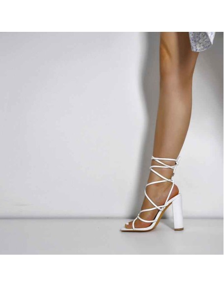 White Square Toe Chunky Strap High Heel Sandals
