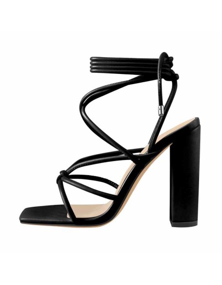 Black Square Toe Chunky Strap High Heel Sandals