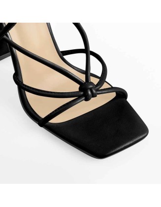 Black Square Toe Chunky Strap High Heel Sandals