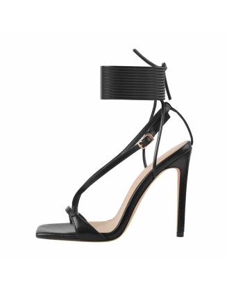 Square Toe Black Strap High Heel Stiletto Sandals