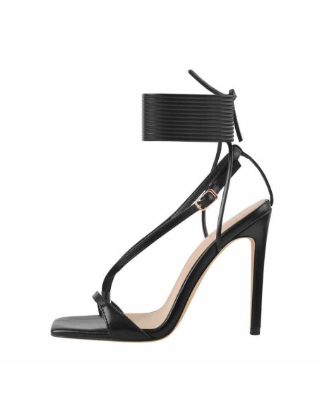 Square Toe Black Strap High Heel Stiletto Sandals
