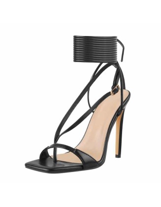 Square Toe Black Strap High Heel Stiletto Sandals